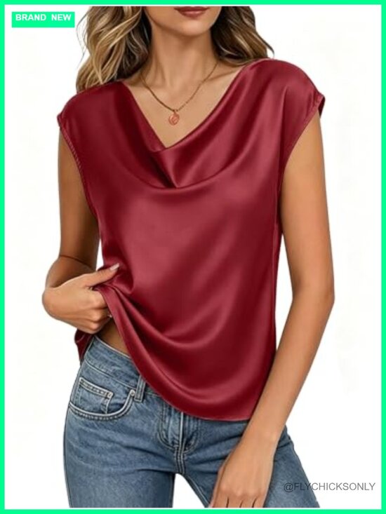 Tops - Silk Satin Cowl Neck Cap Sleeve Blouse